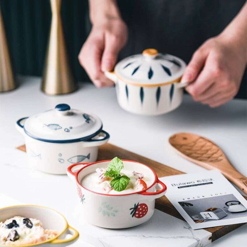 Ceramic Cartoon Double Ear with Lid Kid Supplement Ramen Bowl Salad Food Containers Microwave Oven Tableware