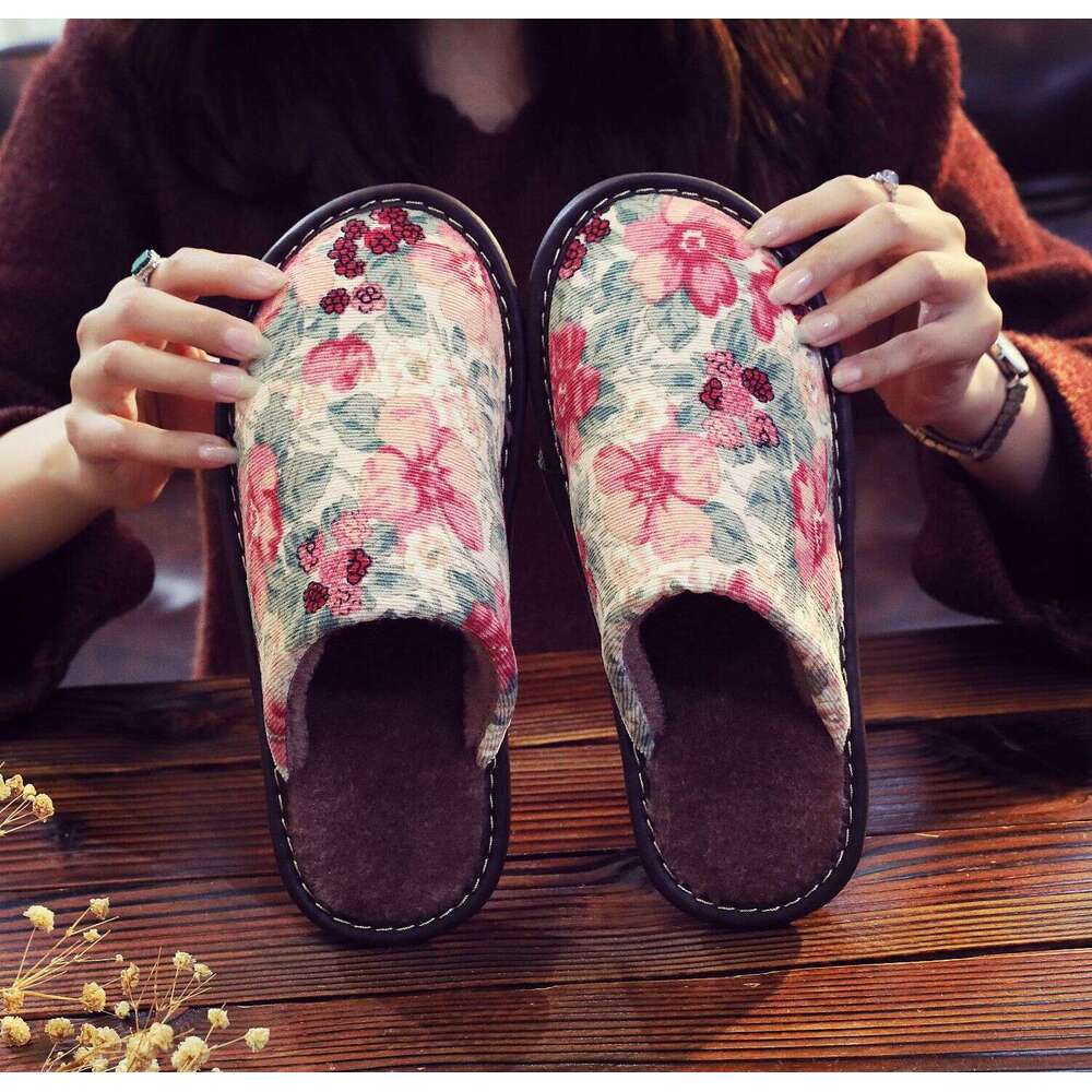 New Cotton Slippers National Style Warm Winter Linen Surface Home Use Couple Non-Smelly Feet Flat Soft Sole Non-Slip Maternity Shoes