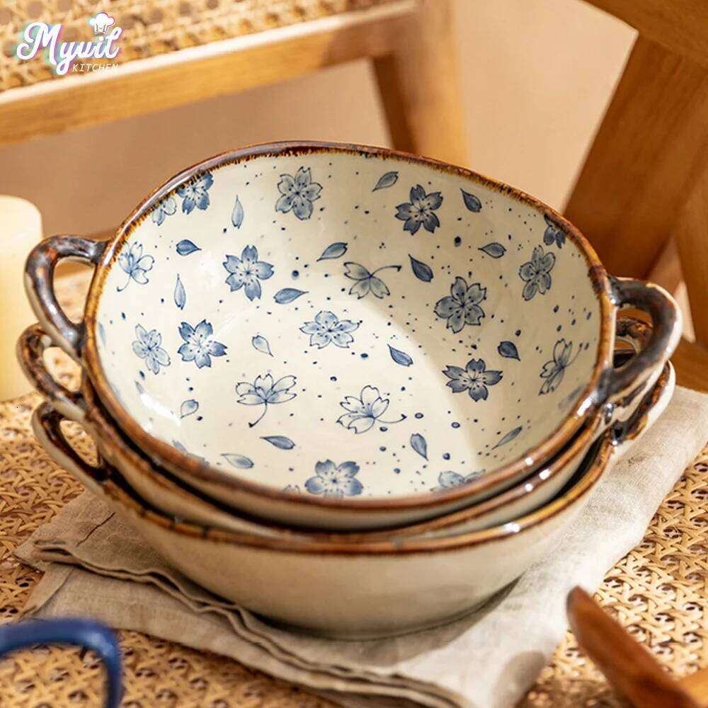 Japanese Household Noodle Ceramic Soup With Handle Salad Pasta Bowl Kitchen Tableware Microwave Oven Bakware