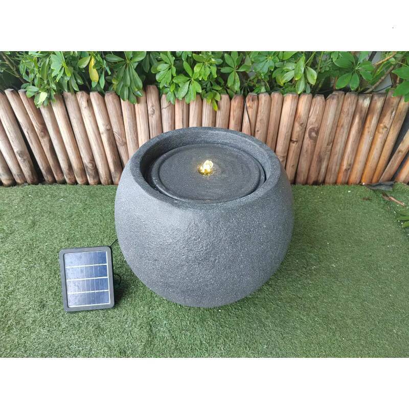 Ball Shape Design Black Solar Fountain With Light Emitting Diode Lamp For Outdoor Fiber Stone Garden Decoration