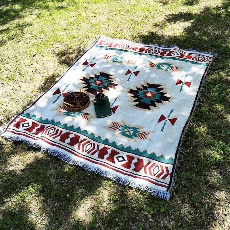 Luxury Home Decor Tribal Boho Linen Blanket with Tassels Plaid Sofa Throw Bedspread Outdoor Camping Picnic Mat Washable Durable Floor Rug for Living R