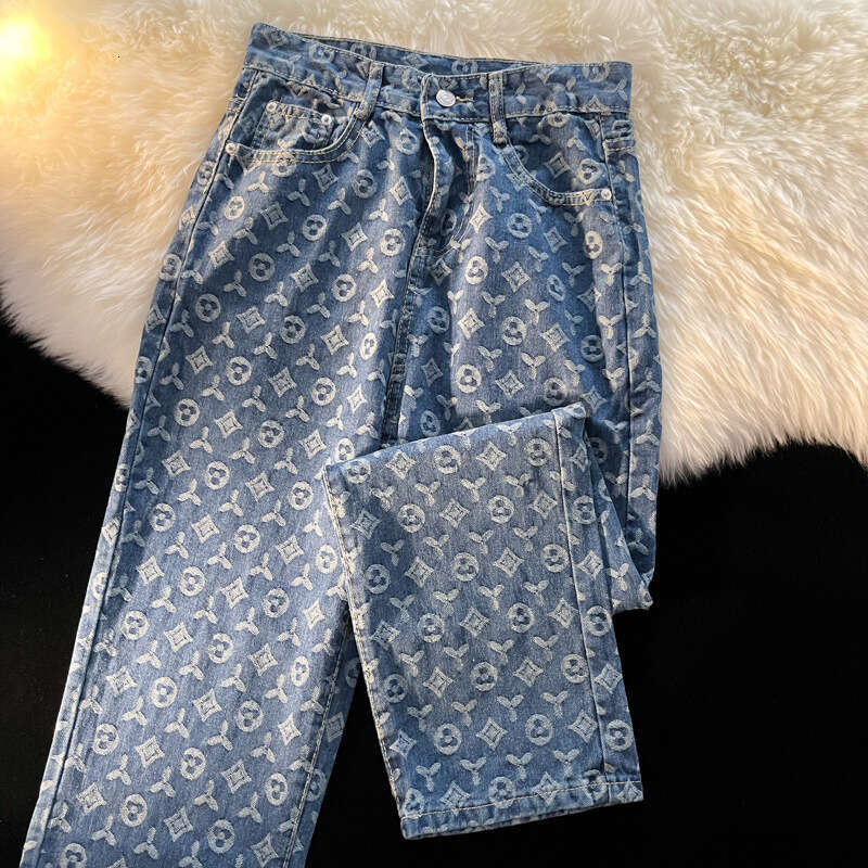 Full Print Jeans Men, Loose Straight Long For Autumn, Ins American Retro Vibe Style Streetwear Pants