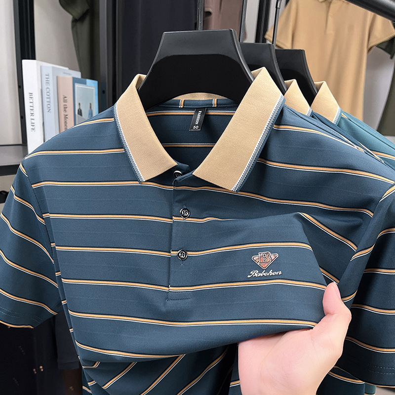Luxury Brand Designer Clothes Business Casual Mens T-Shirt For Middle-Aged And Elderly Fathers Short Sleeve Striped Turn-Down Collar Base Shirt Summer