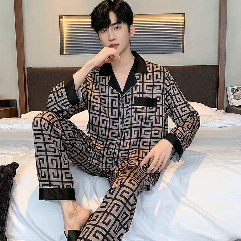 Pajamas Long Sleeve Ice Silk Spring Autumn Men's Satin Thin Youth Summer Homewear Set