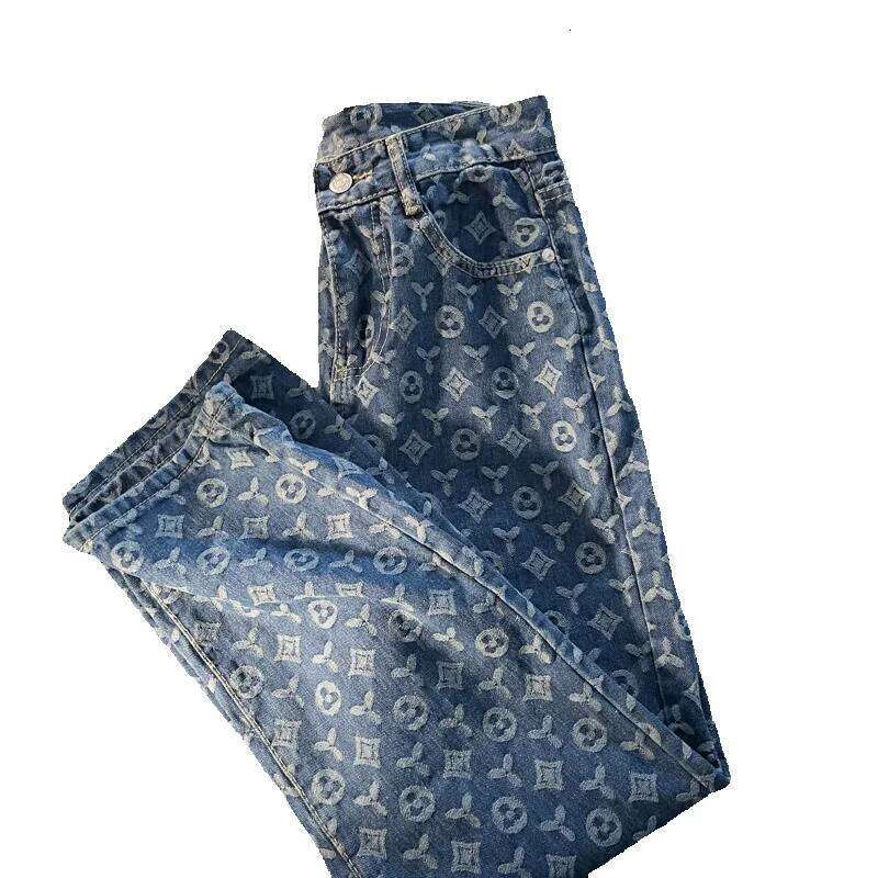 Full Print Jeans Men, Loose Straight Long For Autumn, Ins American Retro Vibe Style Streetwear Pants