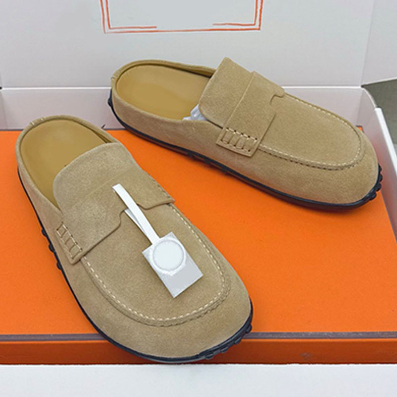 Womens Men Mix Mule 26ss Luxury Calf Leather Flat Bottom Mules Retro Khaki Suede Casual Style TPU Anti Slip Outsole