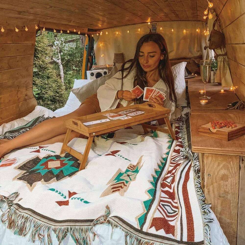 Luxury Home Decor Tribal Boho Linen Blanket with Tassels Plaid Sofa Throw Bedspread Outdoor Camping Picnic Mat Washable Durable Floor Rug for Living R