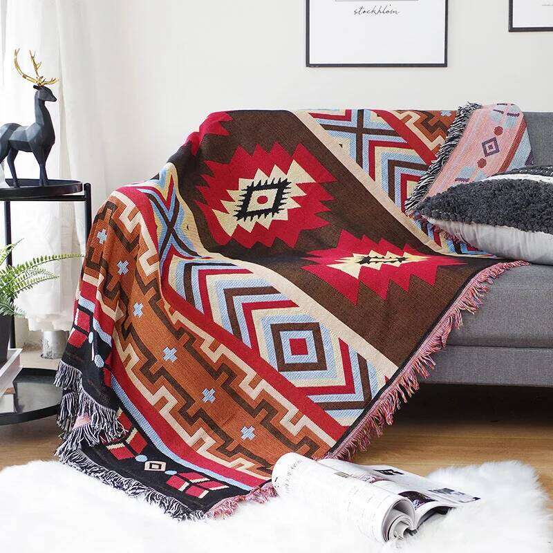 Towel Geometric Thread Sofa Cover Retro Style Full Outdoor Camping Picnic Office Leisure Blanket