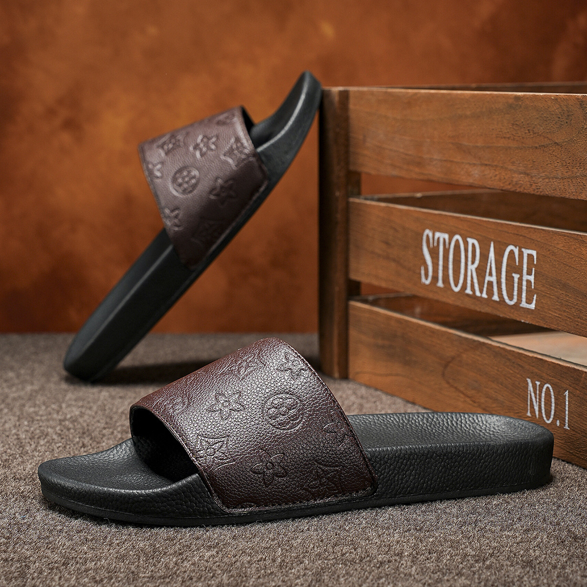 Luxury Design Slippers 2026 Men's Embossed Pattern Slide Sandals - Comfortable Cushioned Sole Footwear for Daily Home & Casual Use Free Shipping