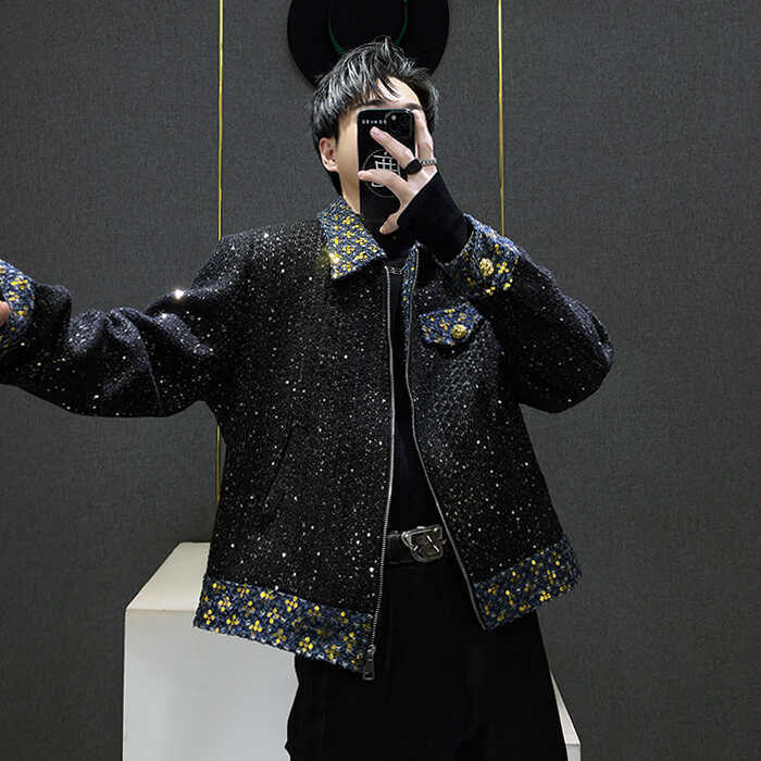 Luxury Brand Designer Clothes Tweed Sequin Contrast Color Small Style Jacket For Men, Autumn And Winter High-End Starry Sky Shiny Jacket Top Trend