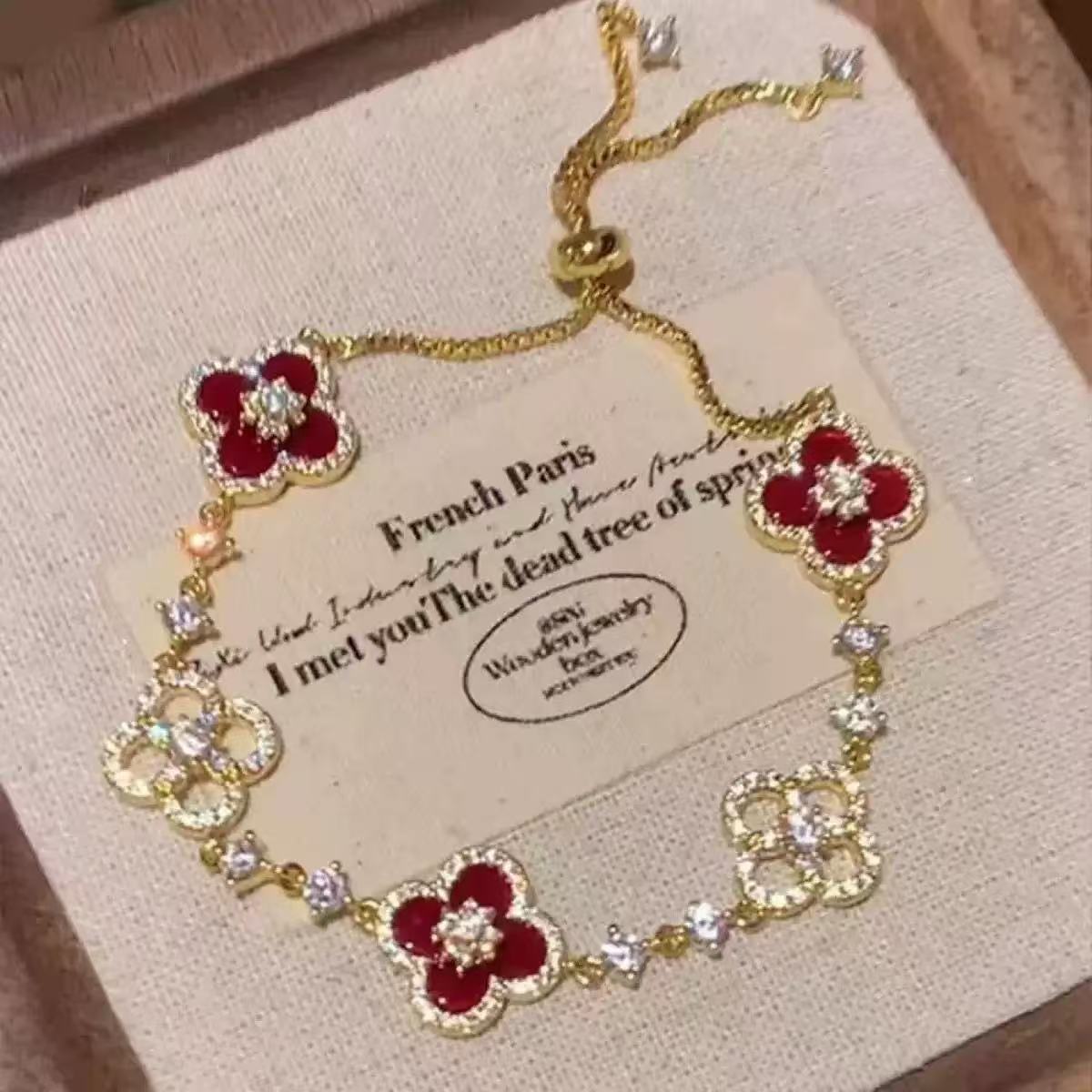 Sweet Cherry Blossoms Vintage Pink Fritillaria Four Leaf Clover Bracelet with Micro inlaid Zircon bracelet designer for women gift