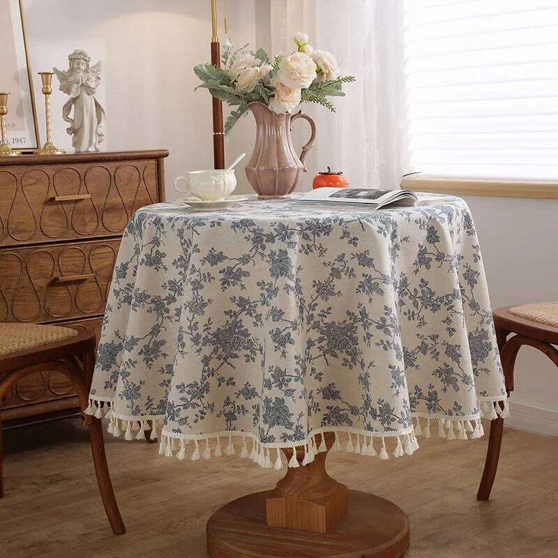 Linen Cotton Tablecloth Pastoral Floral Rustic Washable Round Table Cover For Farmhouse Decor,Picnic,Tabletop Decor