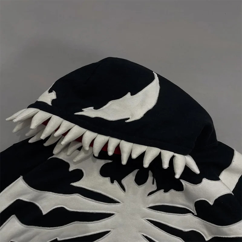 White Spider Pattern Teeth Hood n Oversized Long Sleeves Gothic Hoodie Y2K Men Women Fashion Casual Streetwear Sweatshirt 251231