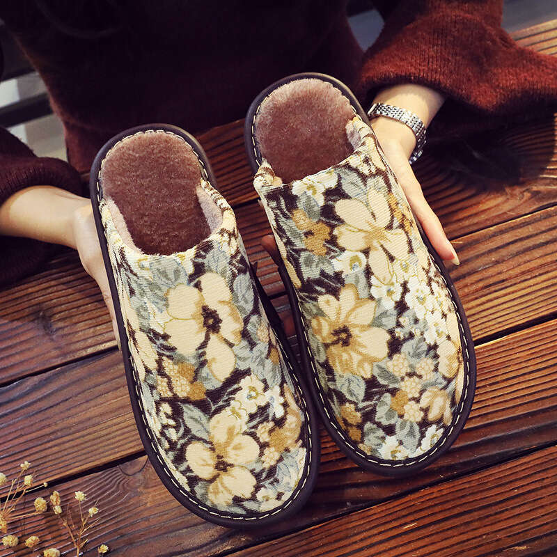 New Cotton Slippers National Style Warm Winter Linen Surface Home Use Couple Non-Smelly Feet Flat Soft Sole Non-Slip Maternity Shoes