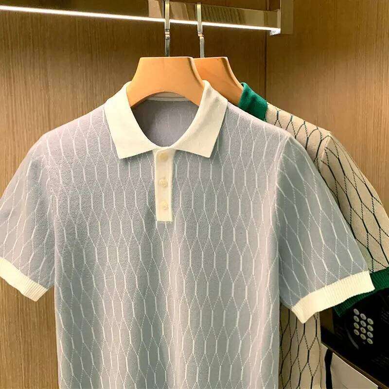 Summer Men Knitted Polo Shirts Short Sleeve Plaid T-Shirts Tops High Standard LEEGO LENS