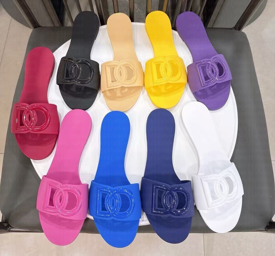 Designer Sandals Women Interlocking Slides Rubber DG Slippers Ladies Flat Beach Jelly Script Blue Summer Fall Mules Outdoor Waterproof Luxury 36-42