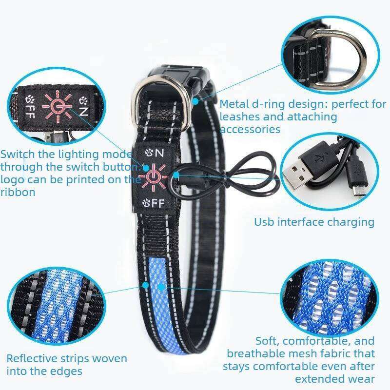 LED Light Collar Rechargeable USB Three Modes Adjustable Breathable Light-up Nylon Pet Choker Dog Safety Collars At Night 26W0115