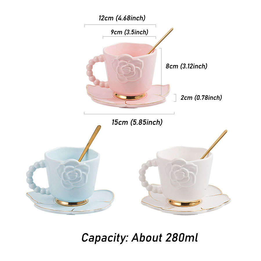 Ceramic Coffee Mug Drinking Vessel, Handmade Creative Floral Camellia Artisan Tea Cup with Saucer in Blue Pink White, Decorative Afternoon Tea Set Gif