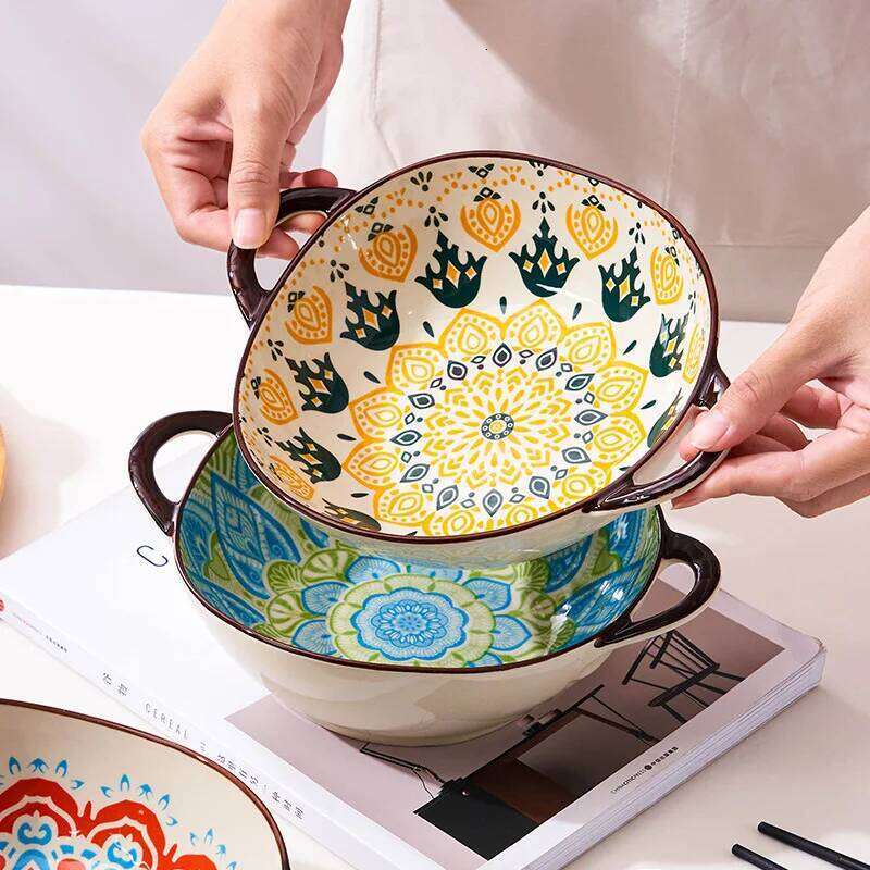 Kitchen utensils Ceramic Handled Soup Bowl Large Noodles Dish Household Kitchenware For Restaurant Outdoor Picnic Living Room Dining Microwave Safe Ve