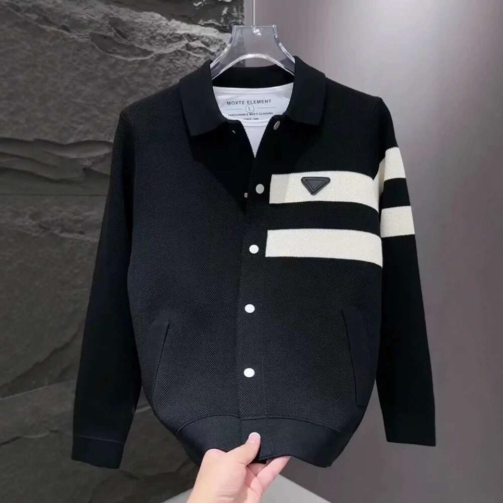Autumn New Men's Fashion High Elastic Knitted Jacket Turn-Down Collar Simple Sweater Trendy Black And White Striped Top