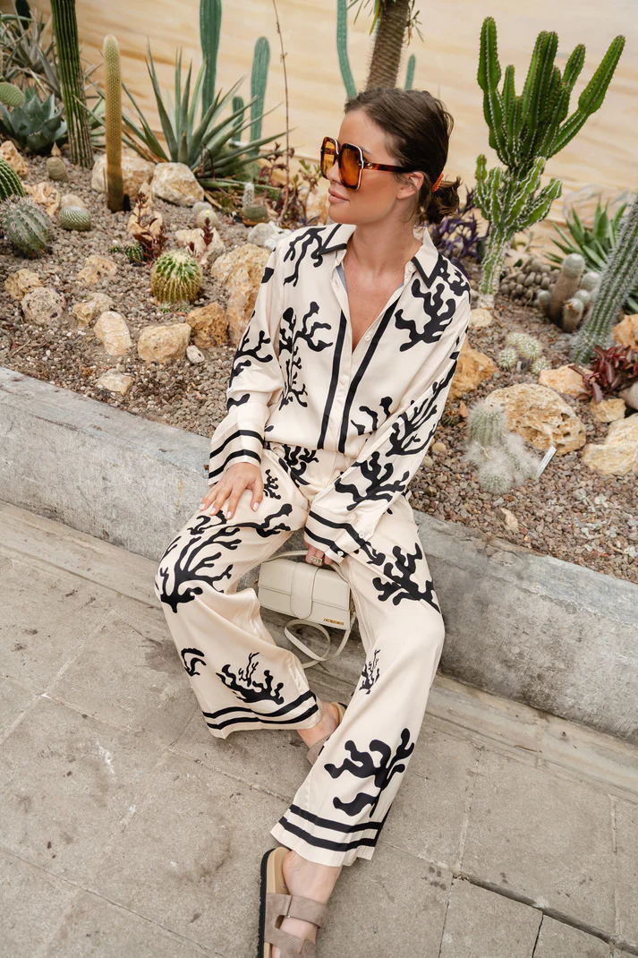 Printed Color Matching Satin Vacation Loose Casual Two Piece Set for Women240730