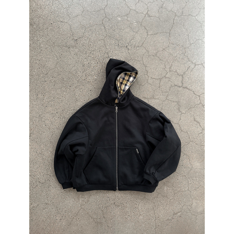 The Clothing Designed By A Luxury Brand Designer Is A Double Zipper Hooded Sweatshirt With A Retro Yellow Checkered Pattern That Can Be Flipped Over I