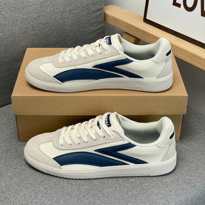 TEMAI 2026 New Arrival Unisex Low-Top Casual Sneakers Beige & Navy Blue Canvas Suede Upper Vintage Style Striped Detail Comfortable Breathable