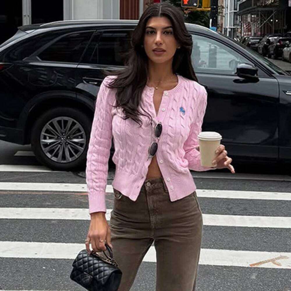 Female Fashion New Printed Patchwork Ribbed Slim Cardigan Casual Commuter Streetwear Vintage Women's Sweaters