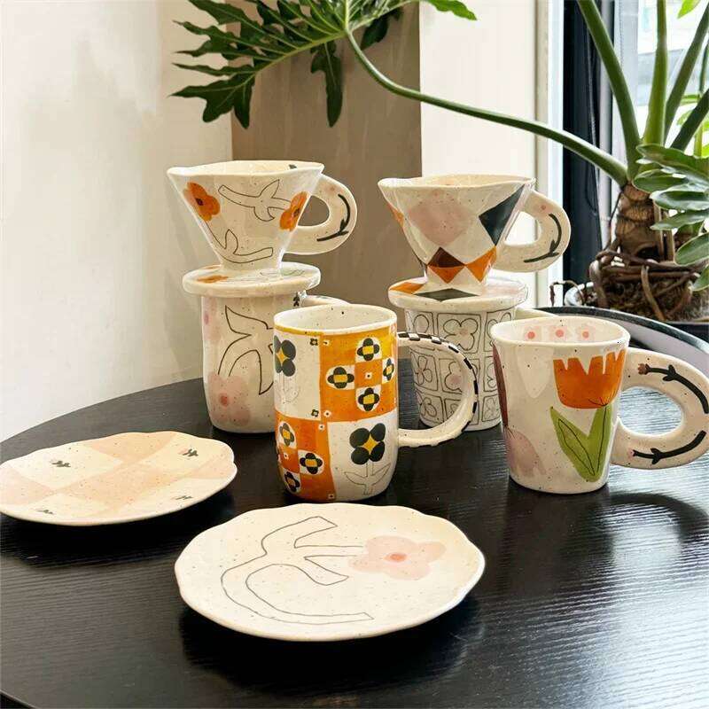 Funnel Ink splash art Cups Hand pinch Irregular Mug Handpainted Ceramic Coffee Breakfast milk Cup Saucer