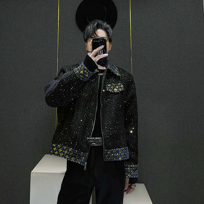 Luxury Brand Designer Clothes Tweed Sequin Contrast Color Small Style Jacket For Men, Autumn And Winter High-End Starry Sky Shiny Jacket Top Trend