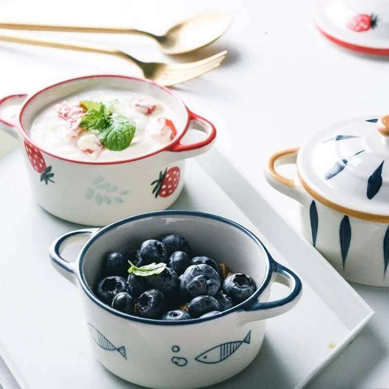 Ceramic Cartoon Double Ear with Lid Kid Supplement Ramen Bowl Salad Food Containers Microwave Oven Tableware