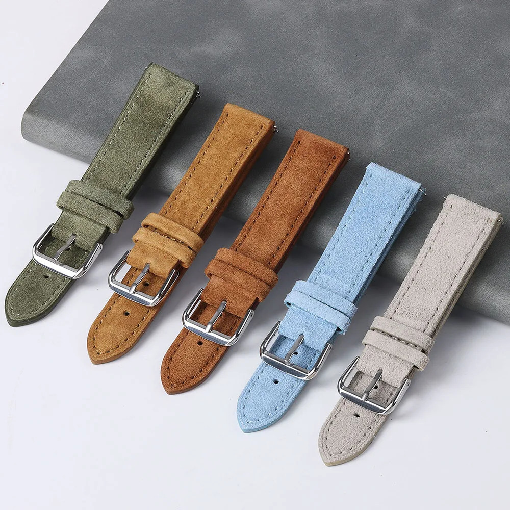 18mm 19mm 20mm 22mm Vintage Suede Cowhide Watch Strap Handmade Watch Band Gray Brown Green Quick Release Bracelet for Men Women 260109