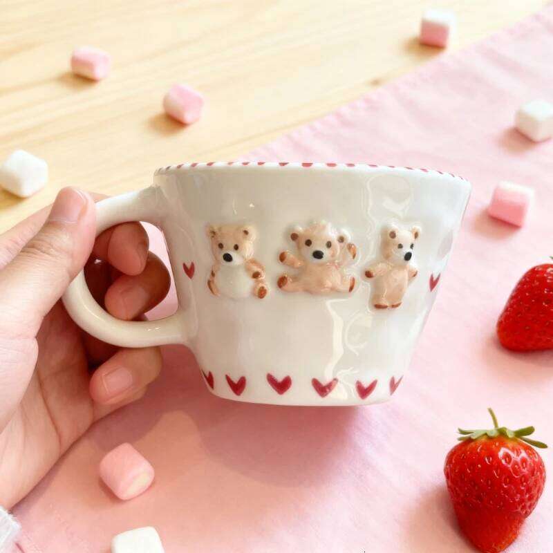 Hand Pinched Ceramic Mugs Hand-drawn Underglaze Color Relief Irregular Bear Milk Tea Cup Waffle Croissant Oatmeal Breakfast Mug