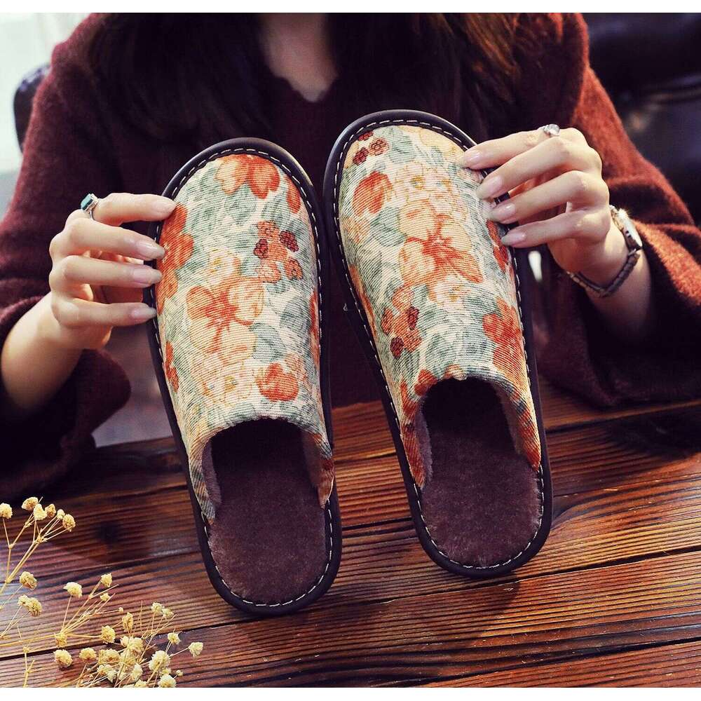 New Cotton Slippers National Style Warm Winter Linen Surface Home Use Couple Non-Smelly Feet Flat Soft Sole Non-Slip Maternity Shoes