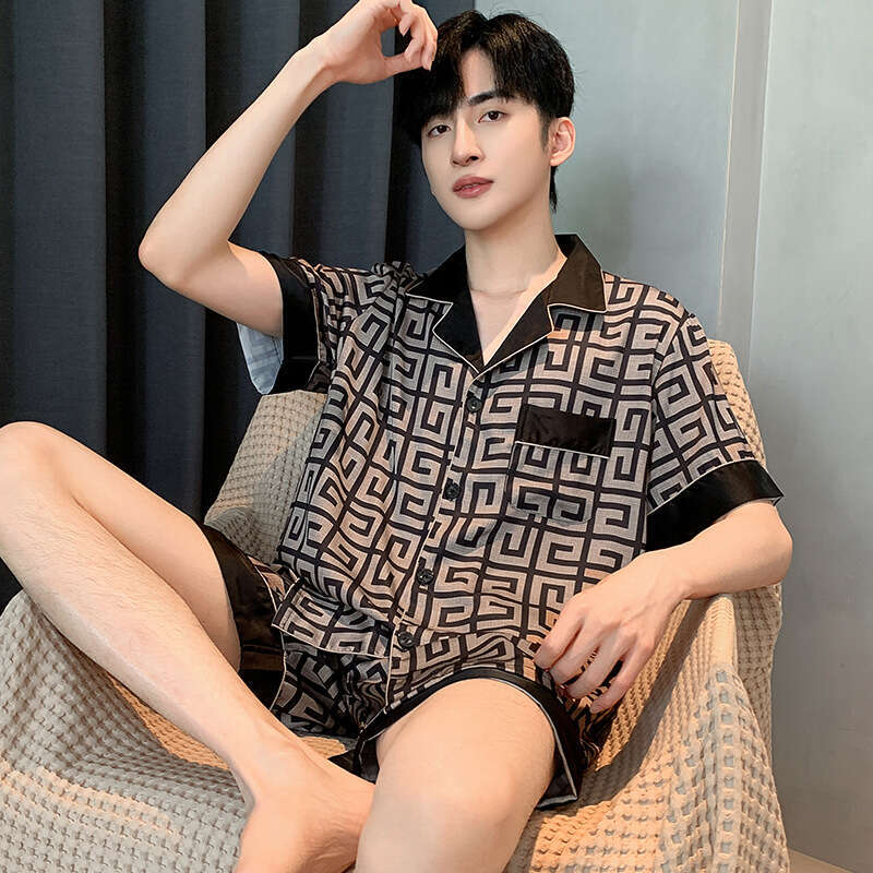 Pajamas Long Sleeve Ice Silk Spring Autumn Men's Satin Thin Youth Summer Homewear Set