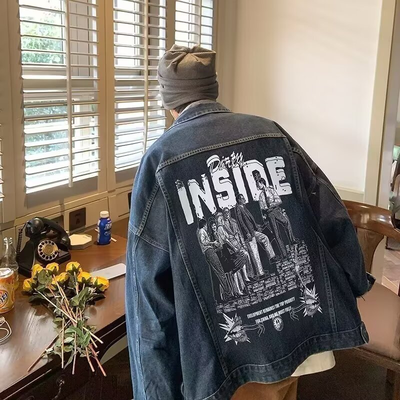 Painted printing Men Denim Jacket Cartoon Graffiti Print Loose Coats Vintage Hip Hop Leisure Outerwear L290 S191019