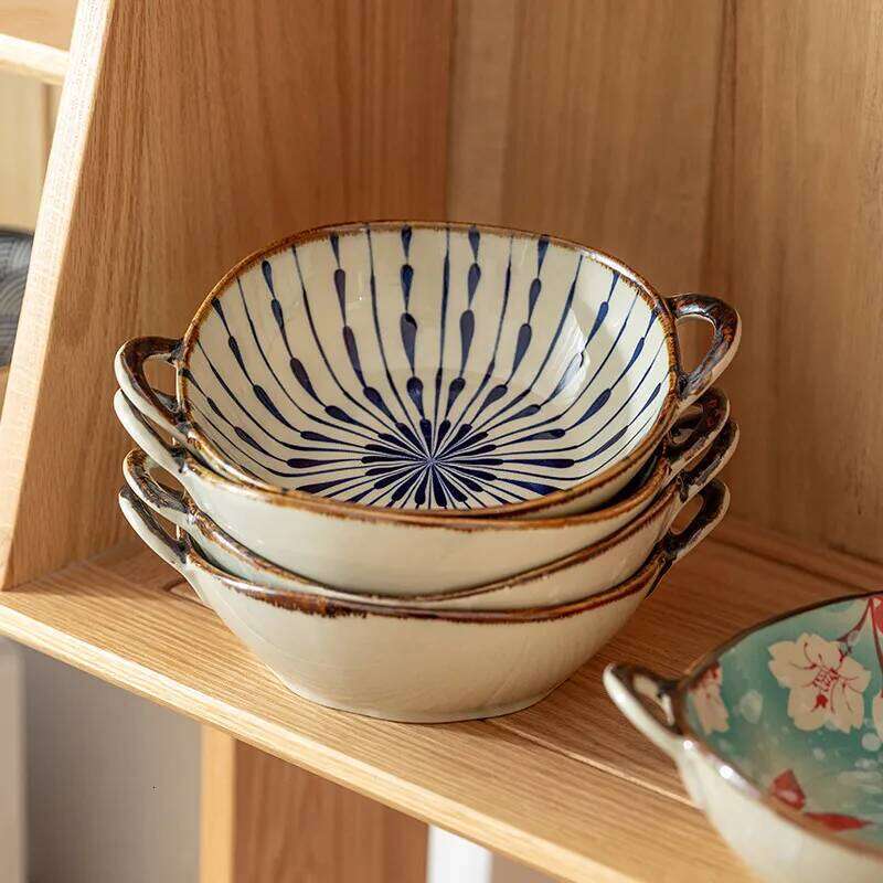 Japanese Household Noodle Ceramic Soup With Handle Salad Pasta Bowl Kitchen Tableware Microwave Oven Bakware