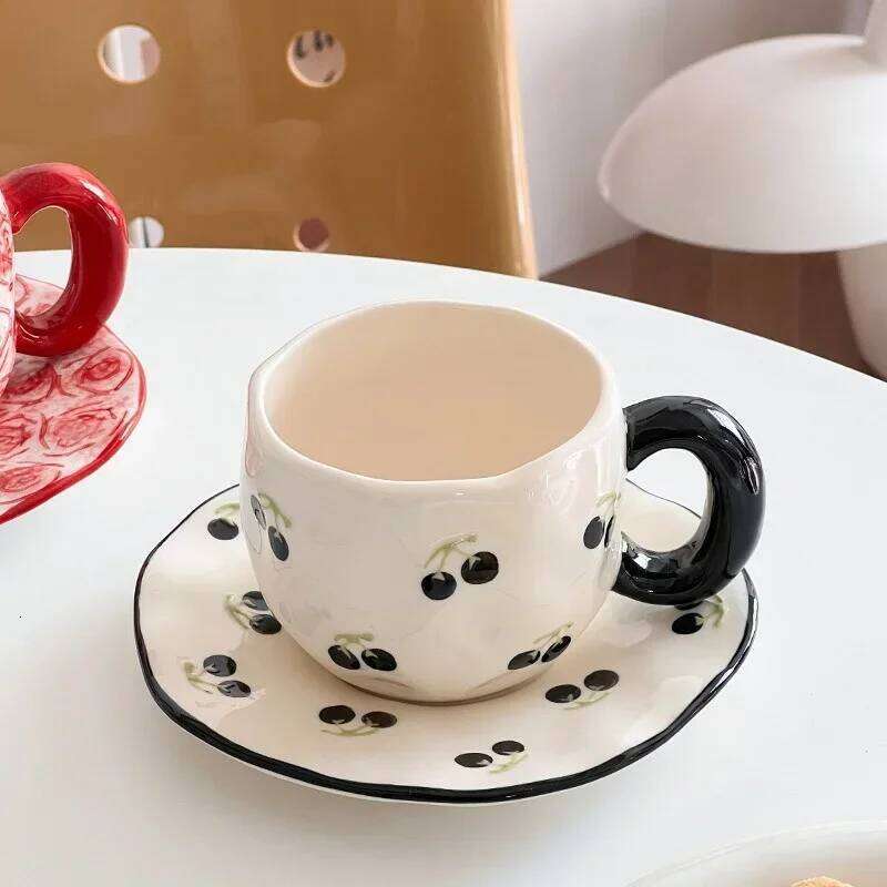 Ceramic Coffee Mug Set Hand-Painted Red Heart Design Irregular Shape with Saucer Drinking Utensils for Office Desk Kitchen Use Outdoor Leisure Thermos