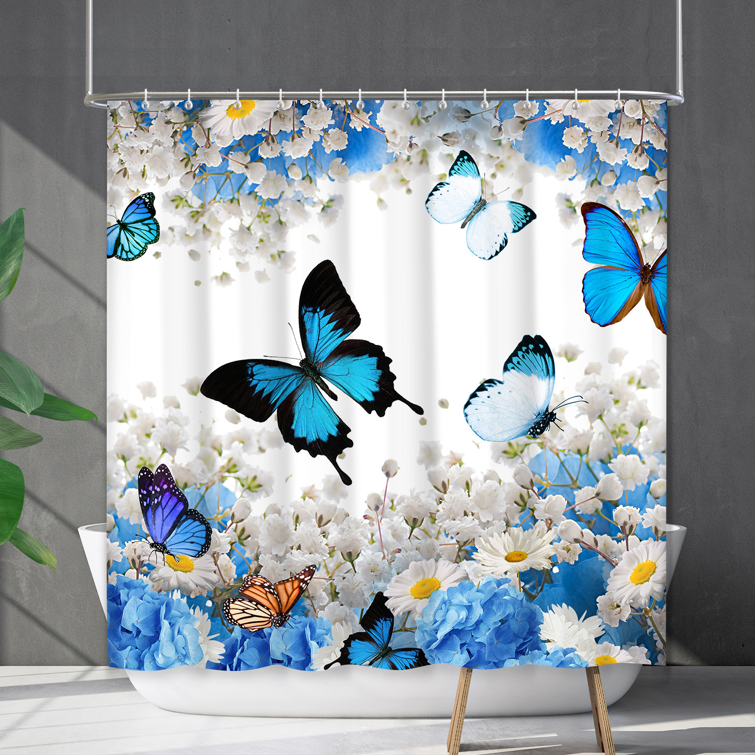 YL-38163 Waterproof Shower Curtain Set with Floral Flowers, Butterflies, and Other Floral Designs - Shower Cover - No Drill Required