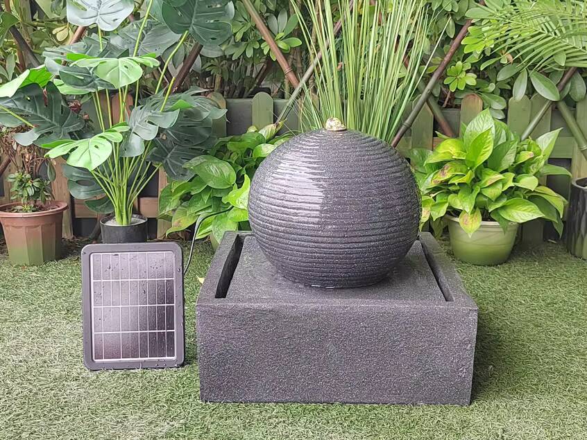 Modern Backyard Stone Solar Ball Square Base Fountain Outdoor Garden Decoration