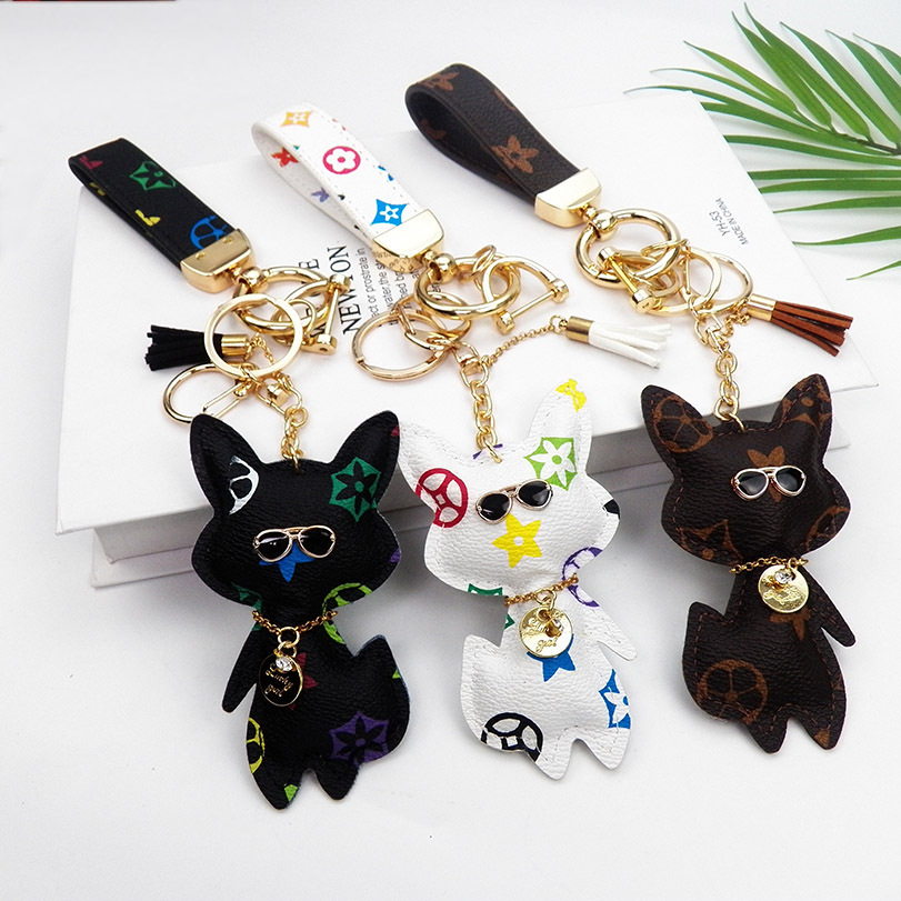 Free Shipping 2026 Fox Shaped Leather Keychain, Monogram Bag Charm with Glasses & Pom Pom, Cute Animal Keyring Accessory - view 5