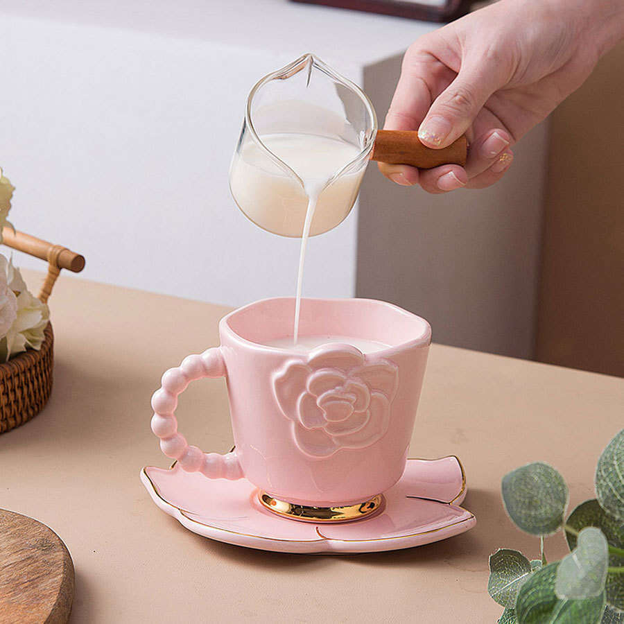 Ceramic Coffee Mug Drinking Vessel, Handmade Creative Floral Camellia Artisan Tea Cup with Saucer in Blue Pink White, Decorative Afternoon Tea Set Gif