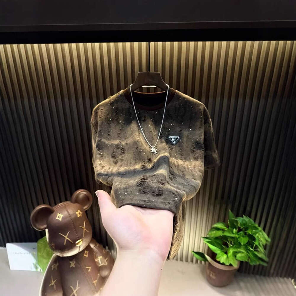 Ripped Starry Sky Men's Short Top Hot-Selling Light Luxury High-End Meteor Half Sleeve Round Neck Trendy Fashion