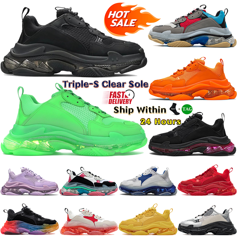 Luxury Paris triple-S Clear Sole designer shoes men women sports sneakers Black Pink Neon Green Fluo Turquoise Gym Red Blue platform outdoor jogging trainers EUR 36-45