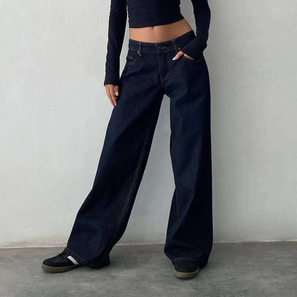 Women Y2k Low Rise Baggy Loose Fit Boyfriend Straight Wide Leg Jeans Trendy Stretch Long Denim Pants For Daily Streetwear Mdng260115
