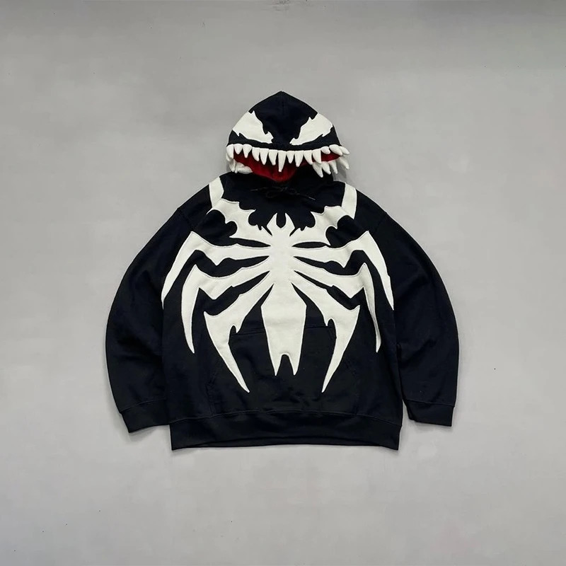 White Spider Pattern Teeth Hood n Oversized Long Sleeves Gothic Hoodie Y2K Men Women Fashion Casual Streetwear Sweatshirt 251231