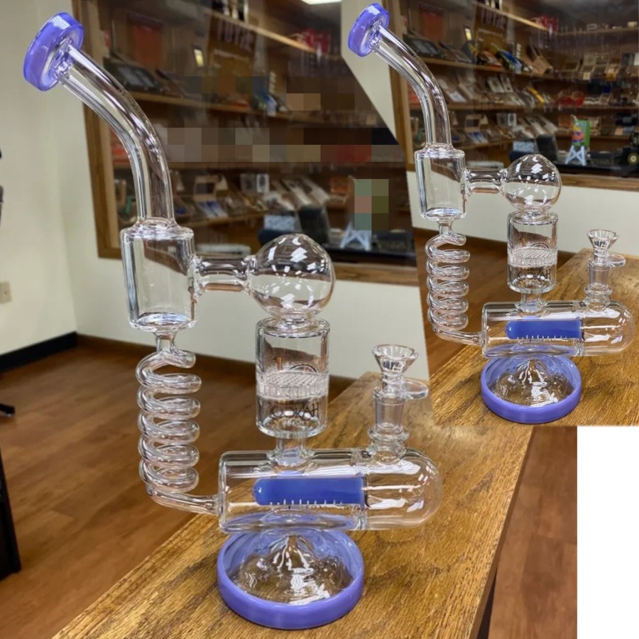 Very Heady 12" Unique Piece Hookah Piece Dual Bubble Thick Bent Type Recyler Oil Bong Swirly Glass Water Pipe Smoking Pipes 14Mm Bowl
