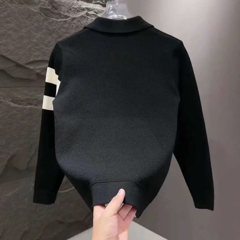 Autumn New Men's Fashion High Elastic Knitted Jacket Turn-Down Collar Simple Sweater Trendy Black And White Striped Top