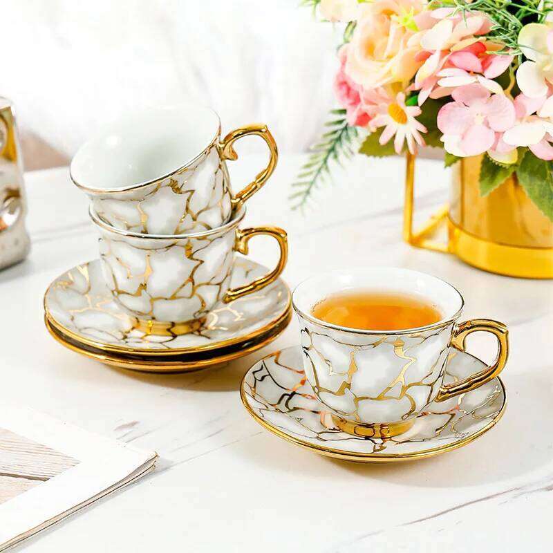 Nordic Light Luxury Ceramic Coffee Cups with Dish Vintage Office Mug Gold Edged Afternoon Tea Cup Set Household Drinkware