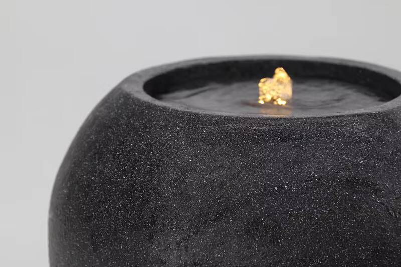 Concise Design Spherical Black Solar Fountain Fiber Stone with LED Lights for Outdoor Garden Decoration